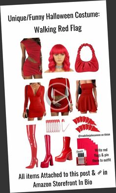 an advertisement with red clothing and accessories for halloween costumes, including high heeled boots