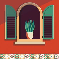 an image of a window with shutters and a potted plant