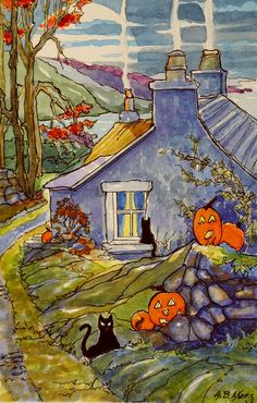 a painting of a house with pumpkins on the ground and cats in front of it