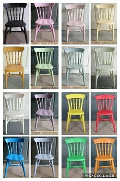 six different colored wooden chairs sitting side by side in various colors and sizes, all with the same color