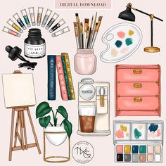 an illustration of various items that include paint, pencils, and other art supplies