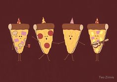 three slices of pizza with different toppings on them, one has a guitar and two are wearing party hats