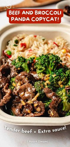 beef and broccoli panda copycath in a white bowl with rice and vegetables