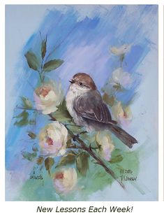 a painting of a bird perched on a branch with white roses in the background and blue sky