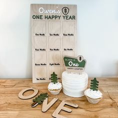 there is a cake and cupcakes on the table with one happy year sign