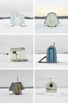 four different pictures of shacks in the snow