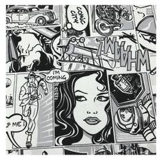 a black and white drawing of a woman's face surrounded by comic strip art