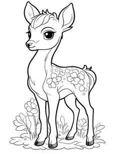 a baby deer standing in the grass with flowers