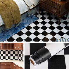 black and white checkered flooring in a bedroom, kitchen and living room area