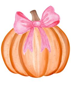 a watercolor painting of a pumpkin with a pink bow