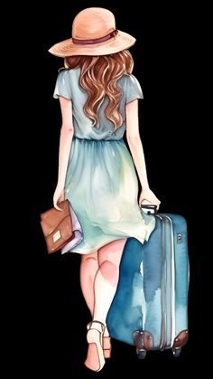 a watercolor painting of a woman with luggage