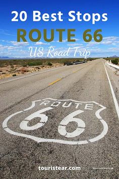 a road with the words route 66 written on it in front of a blue sky