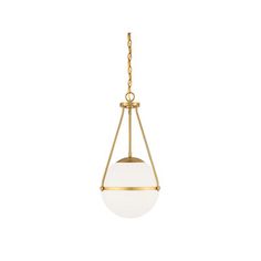 a light fixture hanging from the ceiling with a white glass ball on it's end