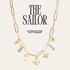 -The Sailor Charm Necklace -Includes 7 charms -Length: 14" + 2" extension, 16" + 2" extension, 18" + 2" extension -Material: high-quality polished stainless steel, hypoallergenic, anti-tarnish, wear daily. -Finish: 14k Gold Check out our shop for more: www.etsy.com/shop/TheSaltyHut Your order is handcrafted in our studio located in Northwest Florida. Due to the handmade nature of our items, please allow for a slight variance with each of our items. Please reach out if you have any questions or concerns regarding your order - we are always happy to help. Instagram @thesaltyhut All content of our shop (text, image, video) is the property of The Salty Hut, LLC. It is protected by the United States and International Copyright Laws. Any use of our content is strictly prohibited without our writ Ocean-inspired Strand Necklace With Starfish Charm, Beach Charm Necklace, Adjustable Gold-tone Charm Necklace With Lobster Clasp, Gold Shell-shaped Charm Necklaces With Lobster Clasp, Gold Shell-shaped Necklace With Starfish Charm, Necklace Seashell, Ocean-inspired Shell Charm Necklace With Lobster Clasp, Compass Jewelry, Northwest Florida