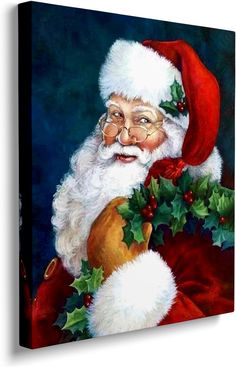 a painting of santa claus holding a holly berry ornament in his right hand