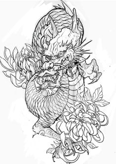 an ink drawing of a dragon with flowers on it's chest and head in the background