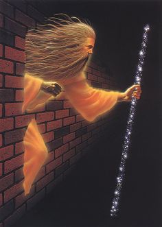 a woman with long hair holding onto a pole in front of a brick wall,