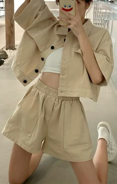 Beige Set Shorts & Shirt,It is sexy, comfy and classy. For elegant ladies, teens and women. It is street style and fitted in any outfit. Shorts Outfits Women, Casual College Outfits, Beige Outfit, Easy Trendy Outfits, Simple Trendy Outfits, Korean Outfits, Casual Style Outfits, Comfy Outfits, Look Cool