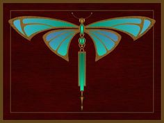 a blue and gold dragonfly with wings spread out on a red wood paneled background