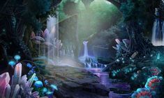 an image of a fantasy scene with waterfalls and trees in the background at night