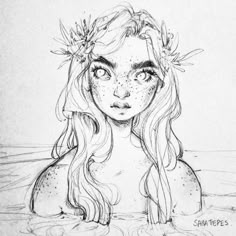 a drawing of a girl with long hair and flowers on her head in the water