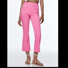 Zara Mini Flare Pants Pink Ankle-length Pants With Pockets, Pink Straight Pants For Party, Pink Ankle-length Summer Pants, Pink Stretch Ankle-length Bottoms, Stretch Pink Ankle-length Bottoms, Pink Party Pants With Pockets, Pink Party Bottoms With Pockets, Pink Stretch Bottoms For Work, Pink Straight Leg Bottoms For Spring