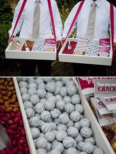 two men in ties are holding boxes filled with baseballs and other items that include nuts