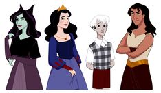 disney princesses are standing next to each other with their hands on their hipss