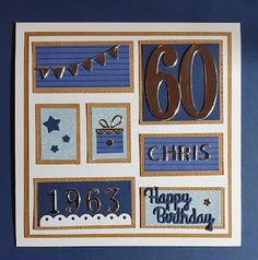 a blue and white birthday card with the number 60 on it's side,