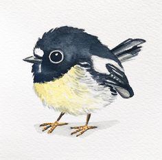 a watercolor painting of a small bird on a white background with black and yellow feathers