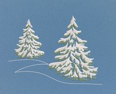 two snow covered evergreen trees on a blue sky with white lines in the foreground