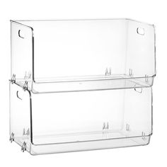 two clear plastic bins are stacked on top of each other