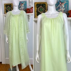 Vintage 60s Deena set.   -Celery green color nightgown and robe.   -The gown is sleeveless with chiffon layered over nylon. -Ruched chiffon on the shoulder straps. -The robe is single layer poly chiffon with a tie at the neck. -Wide lace trims the front opening and sleeves. -Bracelet length sleeves. PHOTOS ARE CONSIDERED PART OF THE DESCRIPTION Note:  Vibrant green, not pale or washed out.  A few random picks, none are notable. The rolled hem of the nightgown has come undone, but this doesn't af 1960s Lingerie, Open Hips, Nightgown And Robe, Celery Green, Peignoir Sets, Lace Nightgown, Come Undone, Lace Trims, Pajama Robe