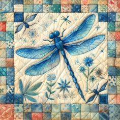 a blue dragonfly sitting on top of a patchwork piece of cloth with flowers and leaves