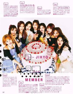 an advertisement for a birthday party with girls in front of a cake and the words jihyo on it