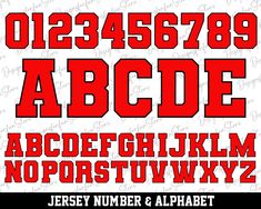 a red and black font with the letters abc, d, e, f, g