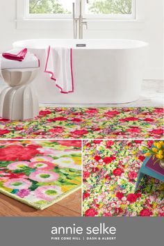 a bathroom with flowers on the floor and bathtub, rugs in different colors