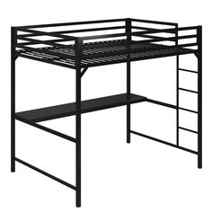 a metal bunk bed with a desk underneath it and ladders to the bottom level