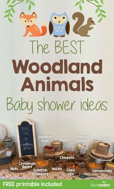 the best woodland animals baby shower ideas are on display in front of a sign that says,