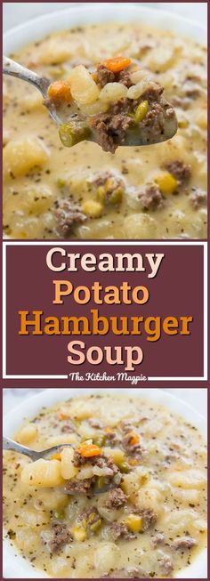 creamy potato hamburger soup in a white bowl