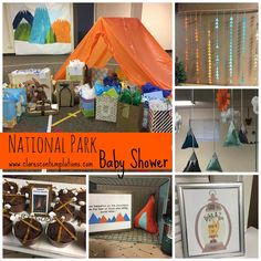 the collage shows various pictures of baby shower items and decorations, including an orange tent