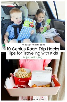 two children sitting in the back seat of a car with food