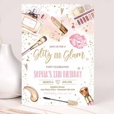 Glitz And Glam Birthday Party Invitation Glitz And Glam Birthday Party, Music Birthday Invitation, Glam Birthday Party, Makeup Birthday Party, Teen Birthday Invitations, Bonfire Birthday, Glam Birthday, Blush Invitations, Space Birthday Invitation