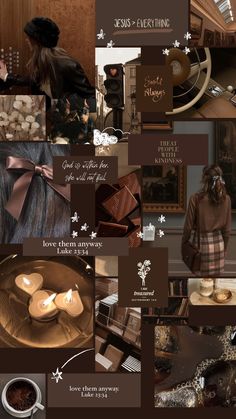 a collage of photos with chocolates, coffee cups and other things in them