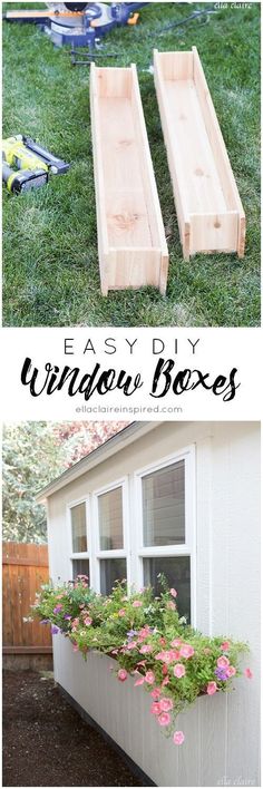 two pictures showing how to make window boxes with flowers in them and the words, easy diy window boxes