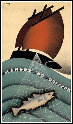 an old poster with a boat and fish in the middle of the ocean, which reads mance du routaon