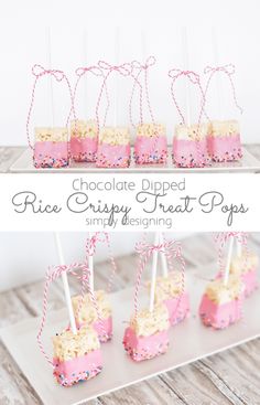 chocolate dipped rice crispy treat pops with sprinkles and pink icing