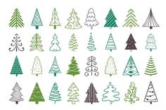 various types of christmas trees are shown in green and brown colors on a white background