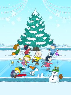 peanuts and friends skating in front of a christmas tree with snowflakes on the ground