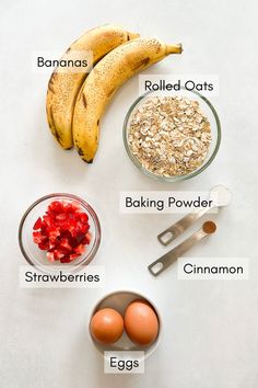 ingredients to make oatmeal for breakfast laid out on a white table top